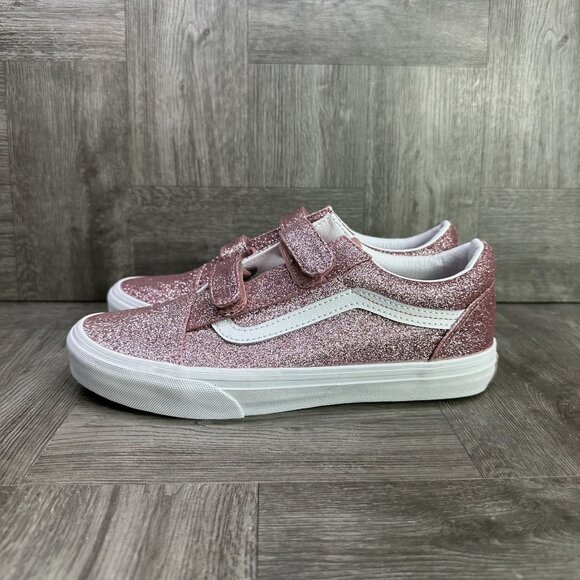 Vans Old Skool V Youth size 5.5/Women 7 Rose Gold Pink Glitter Skate Shoes - Picture 2 of 8